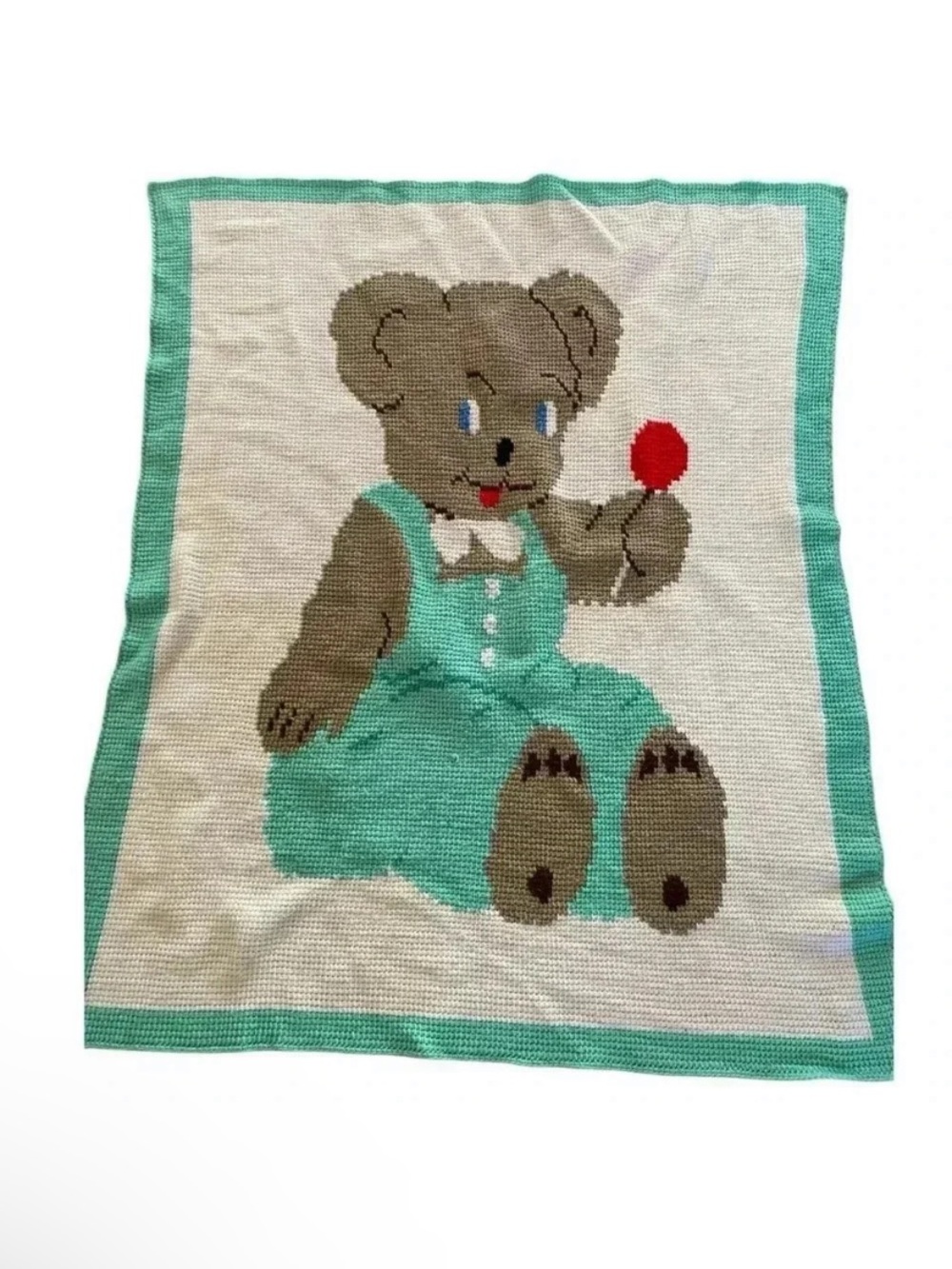 Vintage Crochet Knit Baby Teddy Bear Teal White Throw Nursery Crib Blanket